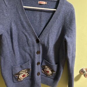 Cath Kidston Vintage Telephone Cardigan — Blue Wool Knit -size Medium